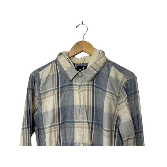 Hollister Blue & Ivory Plaid Hooded Button Up Shirt Men's Medium - Picture 3 of 6
